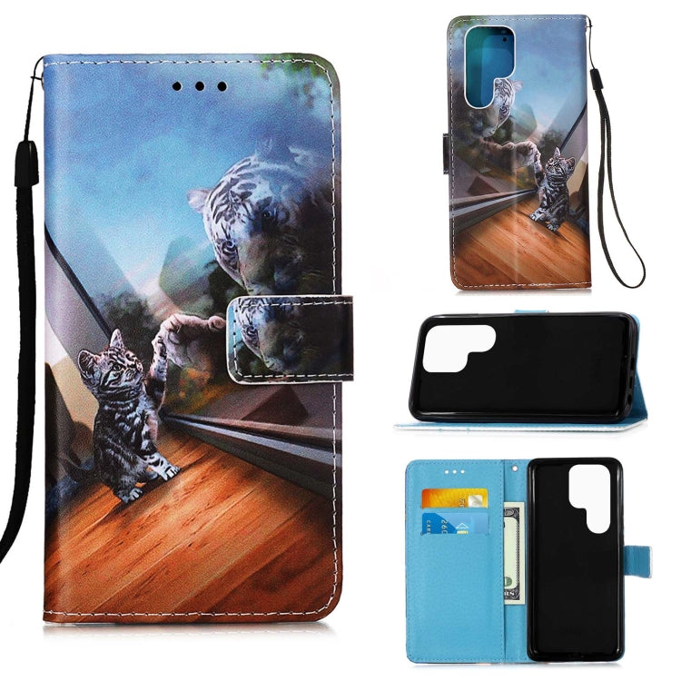 For Samsung Galaxy S22 Ultra 5G Colored Drawing Pattern Plain Weave Leather Phone Case with Holder & Card Slot & Wallet & Lanyard