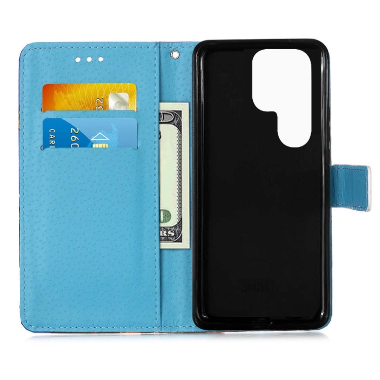 For Samsung Galaxy S22 Ultra 5G Colored Drawing Pattern Plain Weave Leather Phone Case with Holder & Card Slot & Wallet & Lanyard