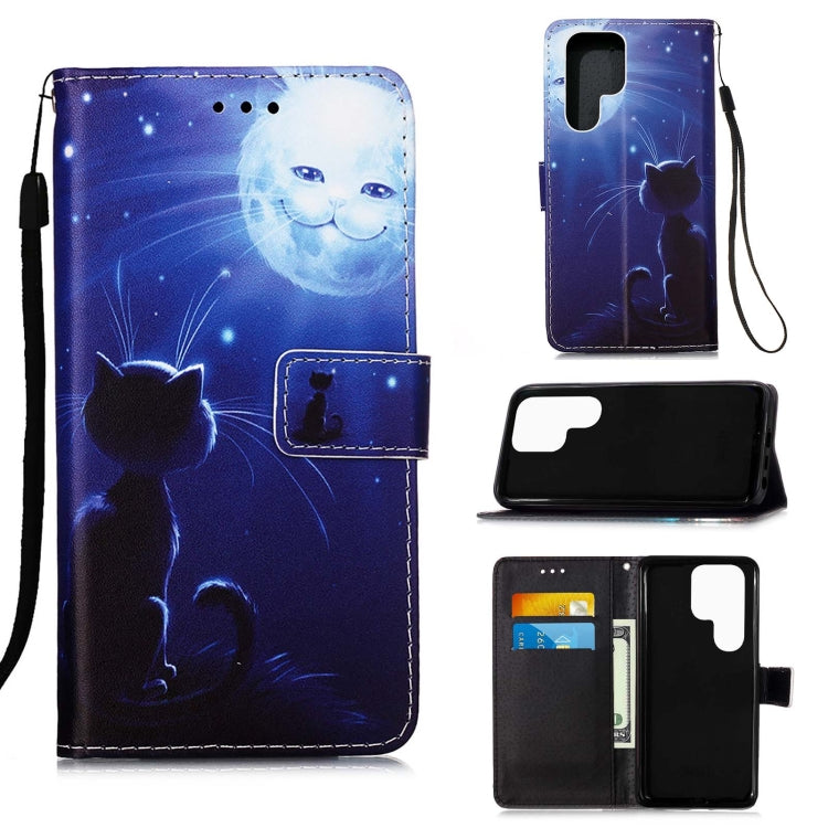 For Samsung Galaxy S22 Ultra 5G Colored Drawing Pattern Plain Weave Leather Phone Case with Holder & Card Slot & Wallet & Lanyard
