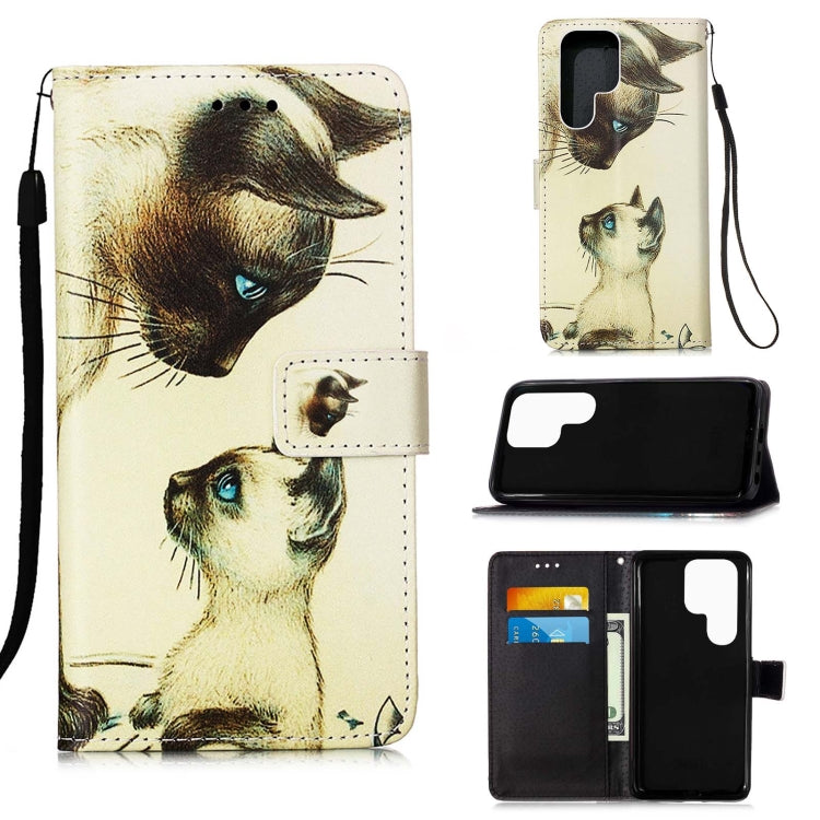 For Samsung Galaxy S22 Ultra 5G Colored Drawing Pattern Plain Weave Leather Phone Case with Holder & Card Slot & Wallet & Lanyard