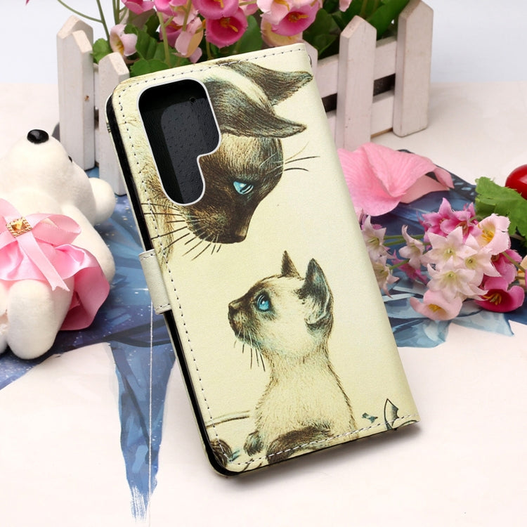 For Samsung Galaxy S22 Ultra 5G Colored Drawing Pattern Plain Weave Leather Phone Case with Holder & Card Slot & Wallet & Lanyard