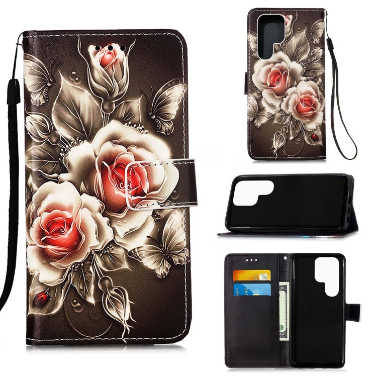 For Samsung Galaxy S22 Ultra 5G Colored Drawing Pattern Plain Weave Leather Phone Case with Holder & Card Slot & Wallet & Lanyard