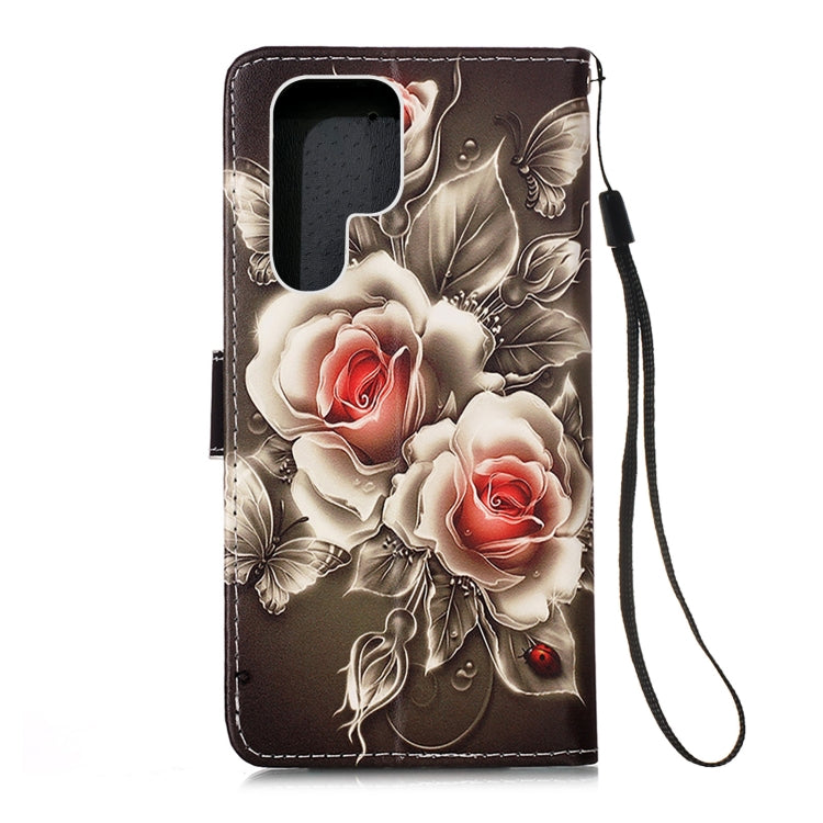 For Samsung Galaxy S22 Ultra 5G Colored Drawing Pattern Plain Weave Leather Phone Case with Holder & Card Slot & Wallet & Lanyard