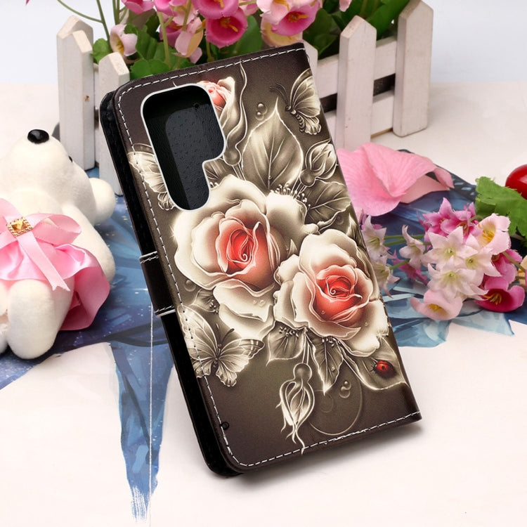 For Samsung Galaxy S22 Ultra 5G Colored Drawing Pattern Plain Weave Leather Phone Case with Holder & Card Slot & Wallet & Lanyard
