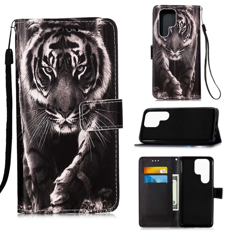 For Samsung Galaxy S22 Ultra 5G Colored Drawing Pattern Plain Weave Leather Phone Case with Holder & Card Slot & Wallet & Lanyard