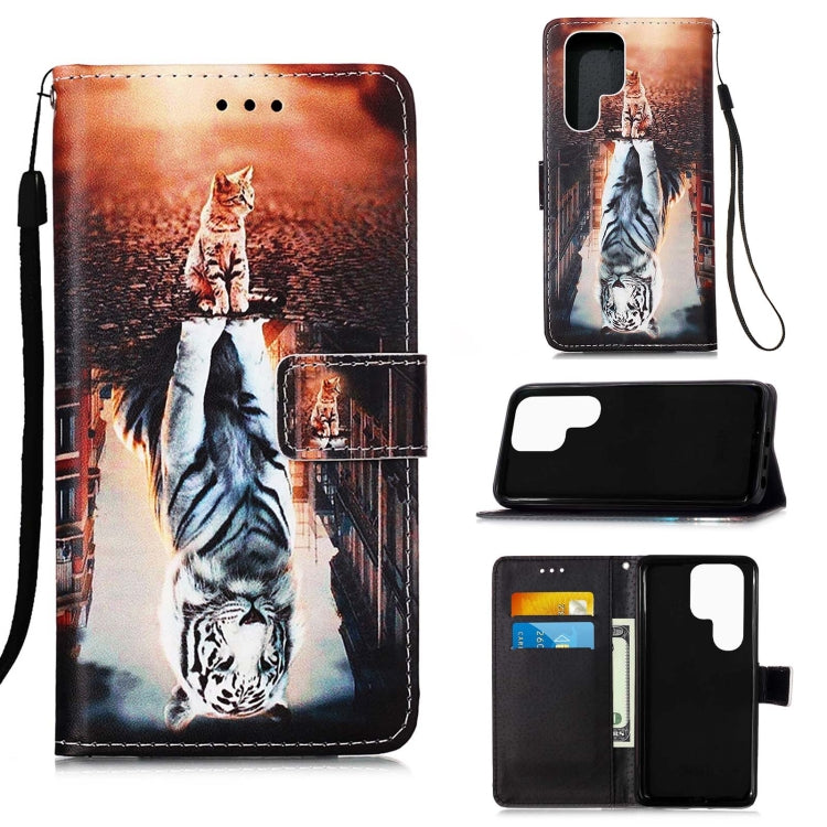 For Samsung Galaxy S22 Ultra 5G Colored Drawing Pattern Plain Weave Leather Phone Case with Holder & Card Slot & Wallet & Lanyard