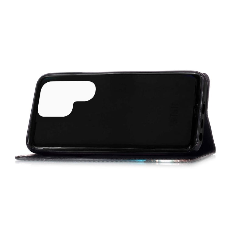 For Samsung Galaxy S22 Ultra 5G Colored Drawing Pattern Plain Weave Leather Phone Case with Holder & Card Slot & Wallet & Lanyard