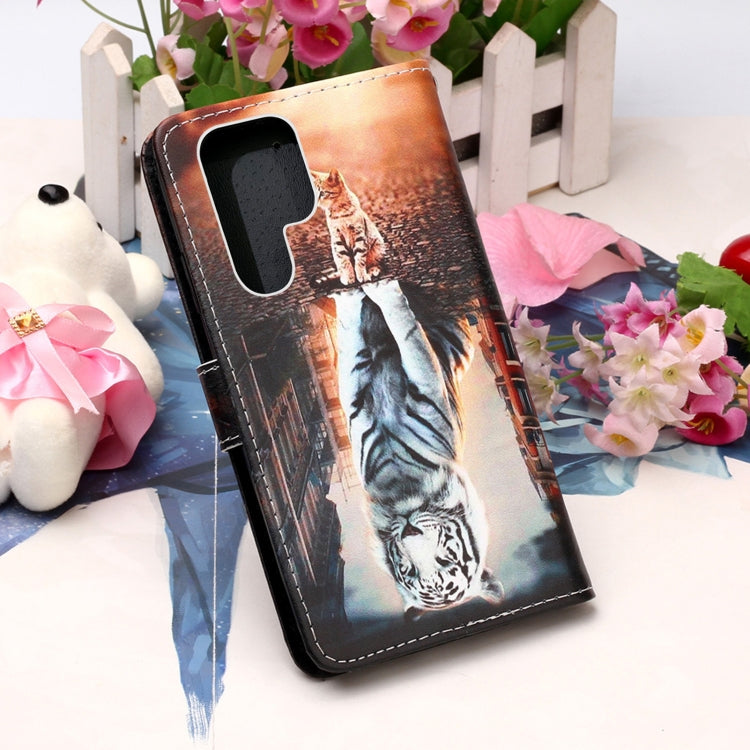 For Samsung Galaxy S22 Ultra 5G Colored Drawing Pattern Plain Weave Leather Phone Case with Holder & Card Slot & Wallet & Lanyard