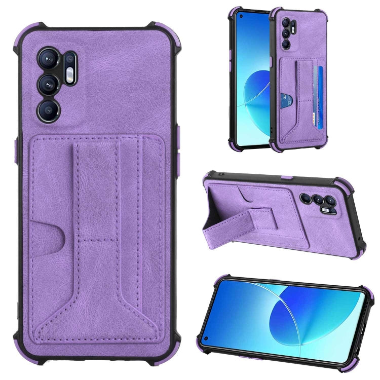 For OPPO Reno6 4G Dream PU + TPU Four-corner Shockproof Phone Back Cover Case with Card Slots & Holder