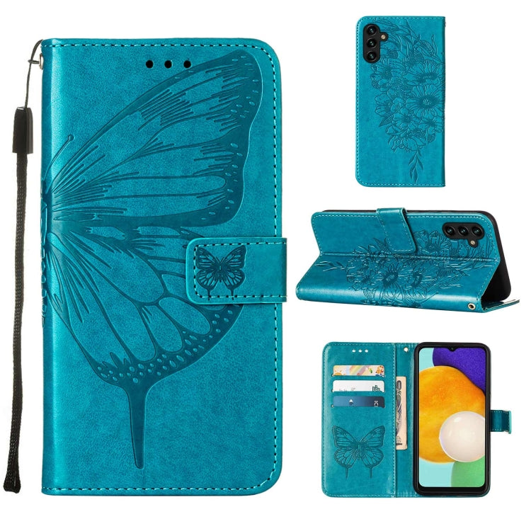 For Samsung Galaxy A13 5G Embossed Butterfly Leather Phone Case with Holder & Card Slot & Wallet & Lanyard