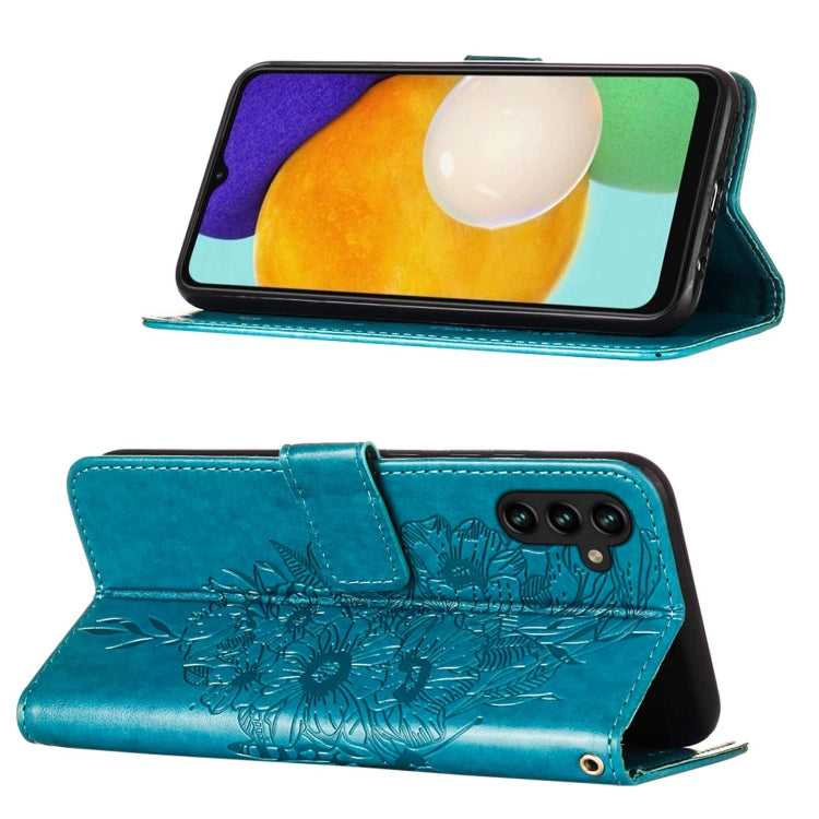 For Samsung Galaxy A13 5G Embossed Butterfly Leather Phone Case with Holder & Card Slot & Wallet & Lanyard