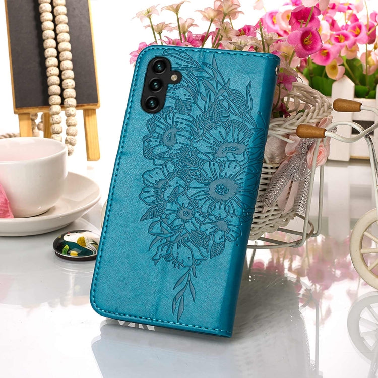 For Samsung Galaxy A13 5G Embossed Butterfly Leather Phone Case with Holder & Card Slot & Wallet & Lanyard