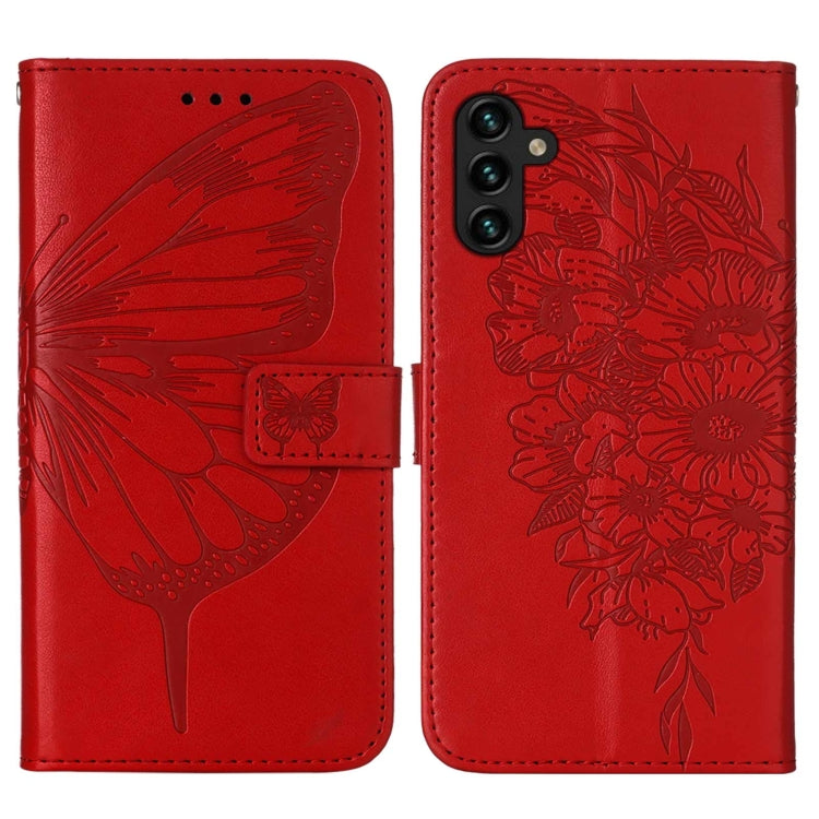 For Samsung Galaxy A13 5G Embossed Butterfly Leather Phone Case with Holder & Card Slot & Wallet & Lanyard