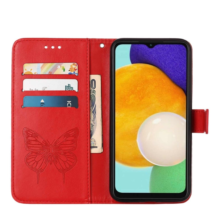 For Samsung Galaxy A13 5G Embossed Butterfly Leather Phone Case with Holder & Card Slot & Wallet & Lanyard