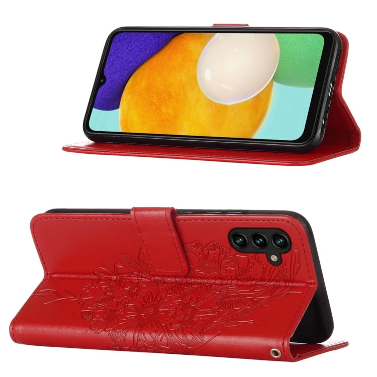 For Samsung Galaxy A13 5G Embossed Butterfly Leather Phone Case with Holder & Card Slot & Wallet & Lanyard