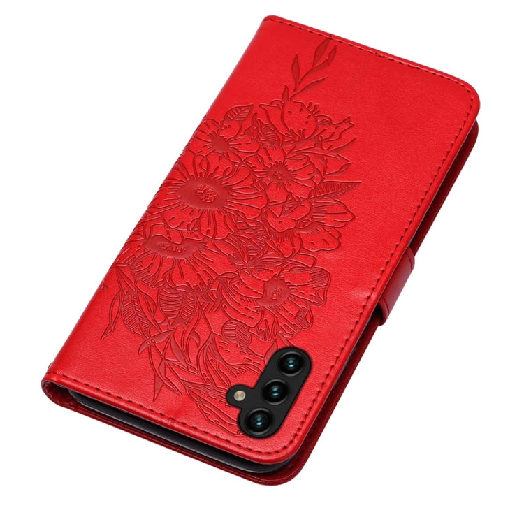 For Samsung Galaxy A13 5G Embossed Butterfly Leather Phone Case with Holder & Card Slot & Wallet & Lanyard