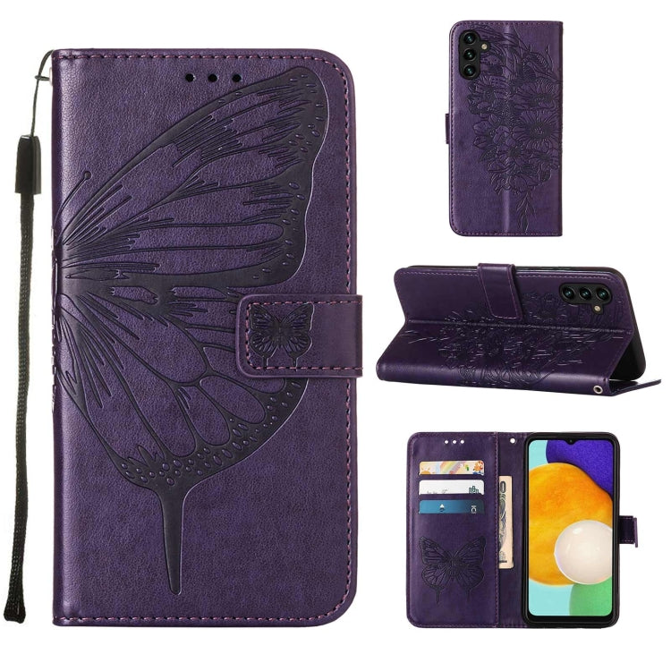 For Samsung Galaxy A13 5G Embossed Butterfly Leather Phone Case with Holder & Card Slot & Wallet & Lanyard