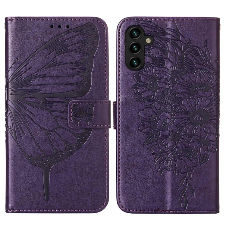 For Samsung Galaxy A13 5G Embossed Butterfly Leather Phone Case with Holder & Card Slot & Wallet & Lanyard