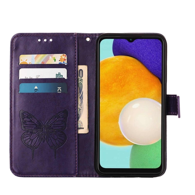 For Samsung Galaxy A13 5G Embossed Butterfly Leather Phone Case with Holder & Card Slot & Wallet & Lanyard