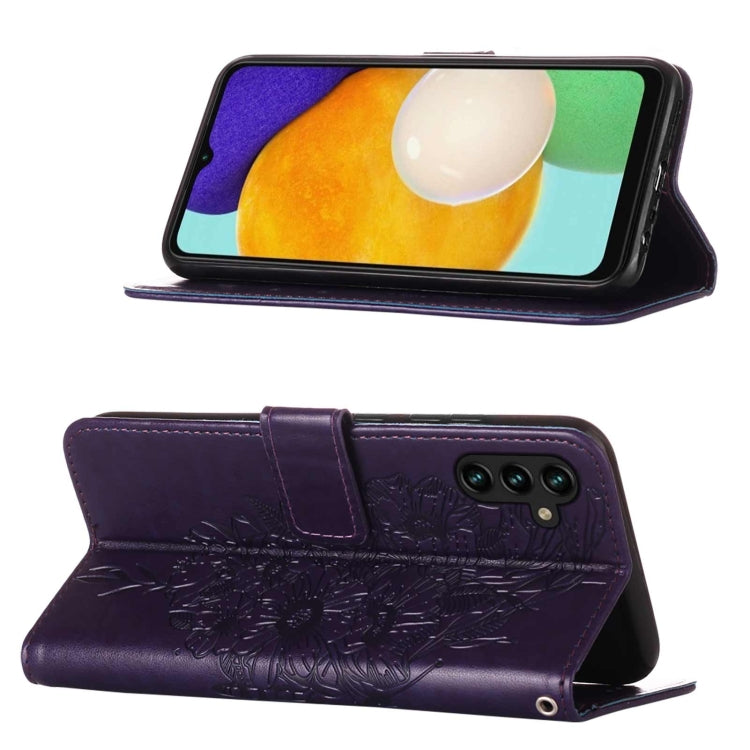 For Samsung Galaxy A13 5G Embossed Butterfly Leather Phone Case with Holder & Card Slot & Wallet & Lanyard