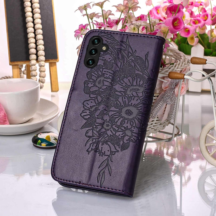 For Samsung Galaxy A13 5G Embossed Butterfly Leather Phone Case with Holder & Card Slot & Wallet & Lanyard