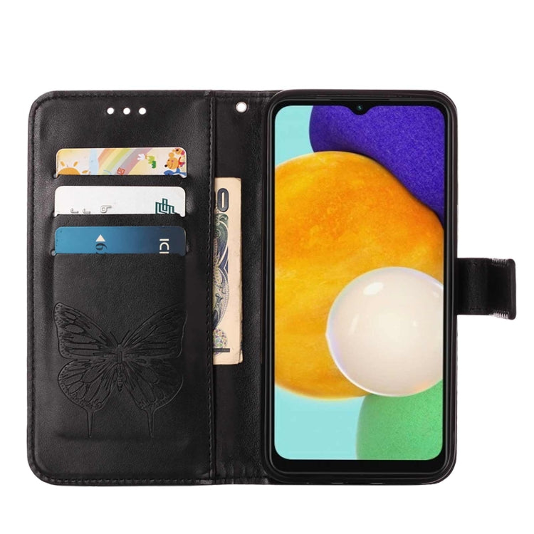 For Samsung Galaxy A13 5G Embossed Butterfly Leather Phone Case with Holder & Card Slot & Wallet & Lanyard