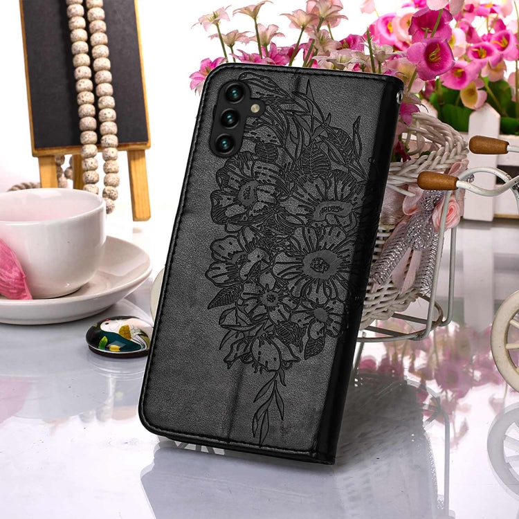 For Samsung Galaxy A13 5G Embossed Butterfly Leather Phone Case with Holder & Card Slot & Wallet & Lanyard