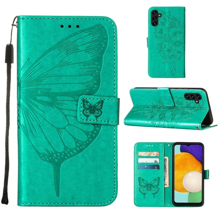 For Samsung Galaxy A13 5G Embossed Butterfly Leather Phone Case with Holder & Card Slot & Wallet & Lanyard