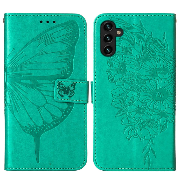 For Samsung Galaxy A13 5G Embossed Butterfly Leather Phone Case with Holder & Card Slot & Wallet & Lanyard