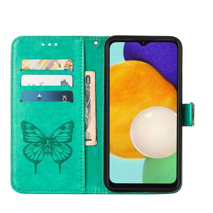 For Samsung Galaxy A13 5G Embossed Butterfly Leather Phone Case with Holder & Card Slot & Wallet & Lanyard