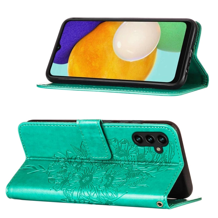 For Samsung Galaxy A13 5G Embossed Butterfly Leather Phone Case with Holder & Card Slot & Wallet & Lanyard