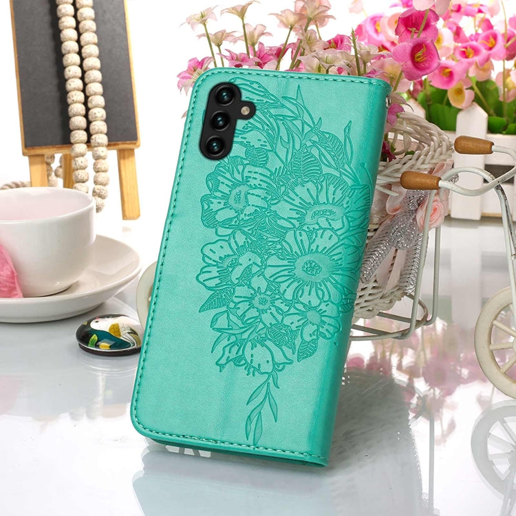 For Samsung Galaxy A13 5G Embossed Butterfly Leather Phone Case with Holder & Card Slot & Wallet & Lanyard