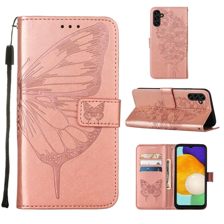 For Samsung Galaxy A13 5G Embossed Butterfly Leather Phone Case with Holder & Card Slot & Wallet & Lanyard