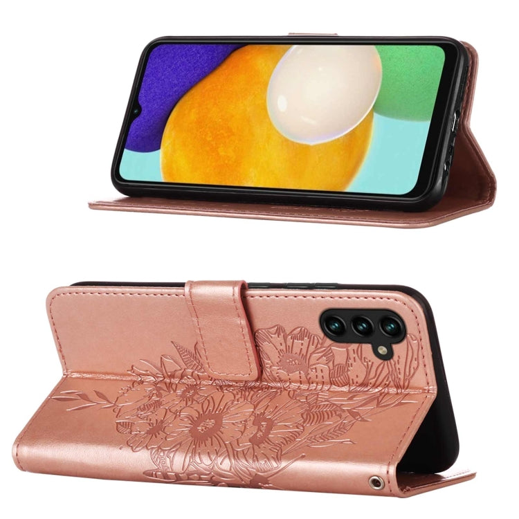 For Samsung Galaxy A13 5G Embossed Butterfly Leather Phone Case with Holder & Card Slot & Wallet & Lanyard