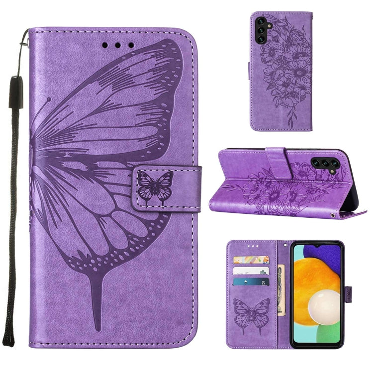 For Samsung Galaxy A13 5G Embossed Butterfly Leather Phone Case with Holder & Card Slot & Wallet & Lanyard
