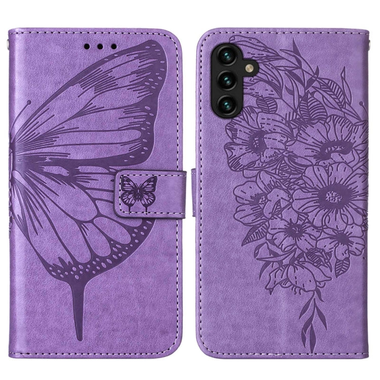 For Samsung Galaxy A13 5G Embossed Butterfly Leather Phone Case with Holder & Card Slot & Wallet & Lanyard