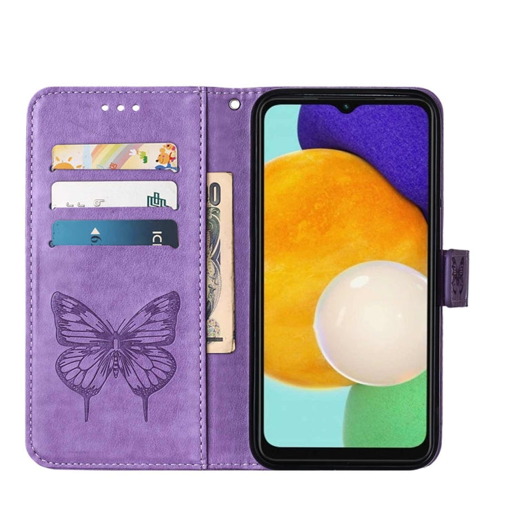 For Samsung Galaxy A13 5G Embossed Butterfly Leather Phone Case with Holder & Card Slot & Wallet & Lanyard