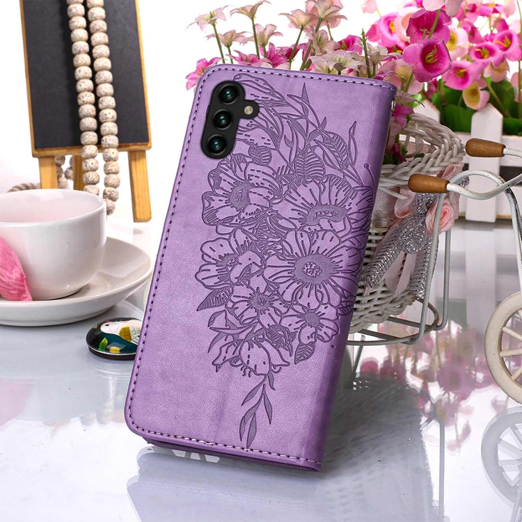For Samsung Galaxy A13 5G Embossed Butterfly Leather Phone Case with Holder & Card Slot & Wallet & Lanyard