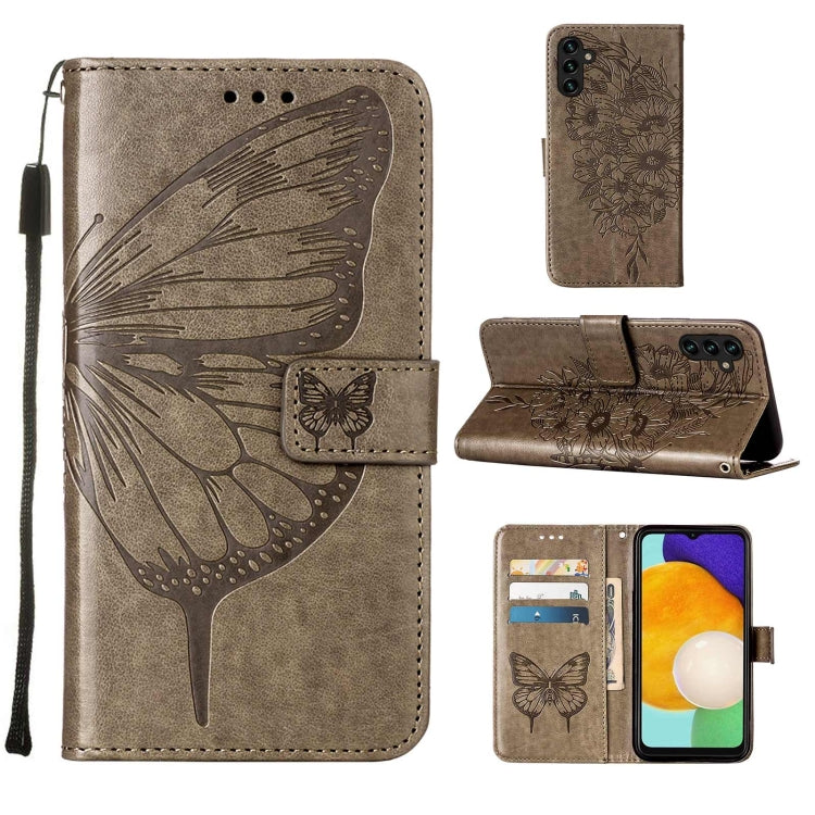For Samsung Galaxy A13 5G Embossed Butterfly Leather Phone Case with Holder & Card Slot & Wallet & Lanyard