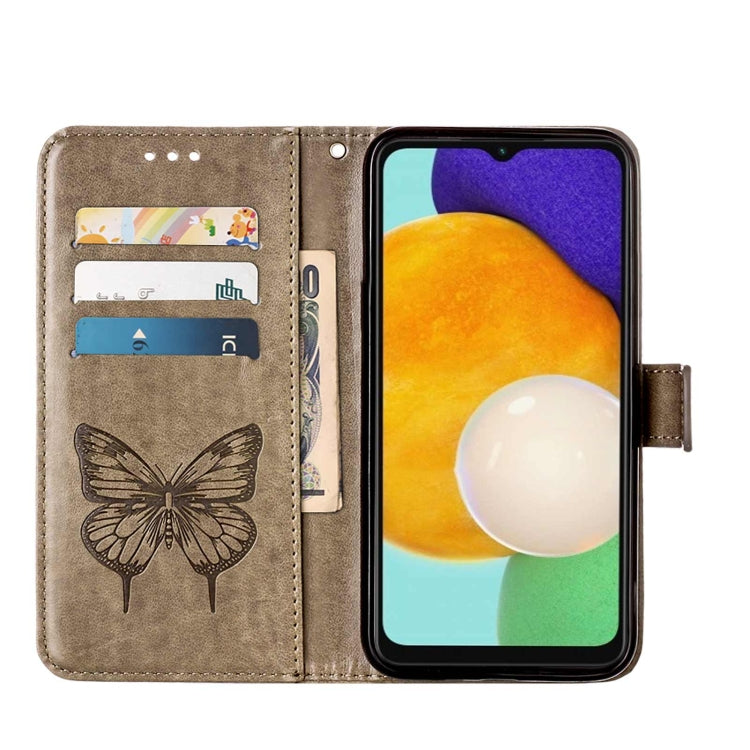 For Samsung Galaxy A13 5G Embossed Butterfly Leather Phone Case with Holder & Card Slot & Wallet & Lanyard