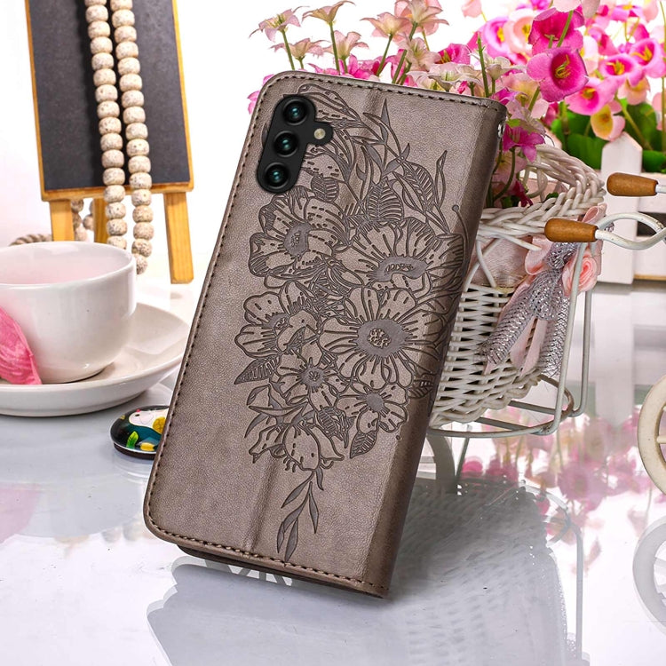 For Samsung Galaxy A13 5G Embossed Butterfly Leather Phone Case with Holder & Card Slot & Wallet & Lanyard