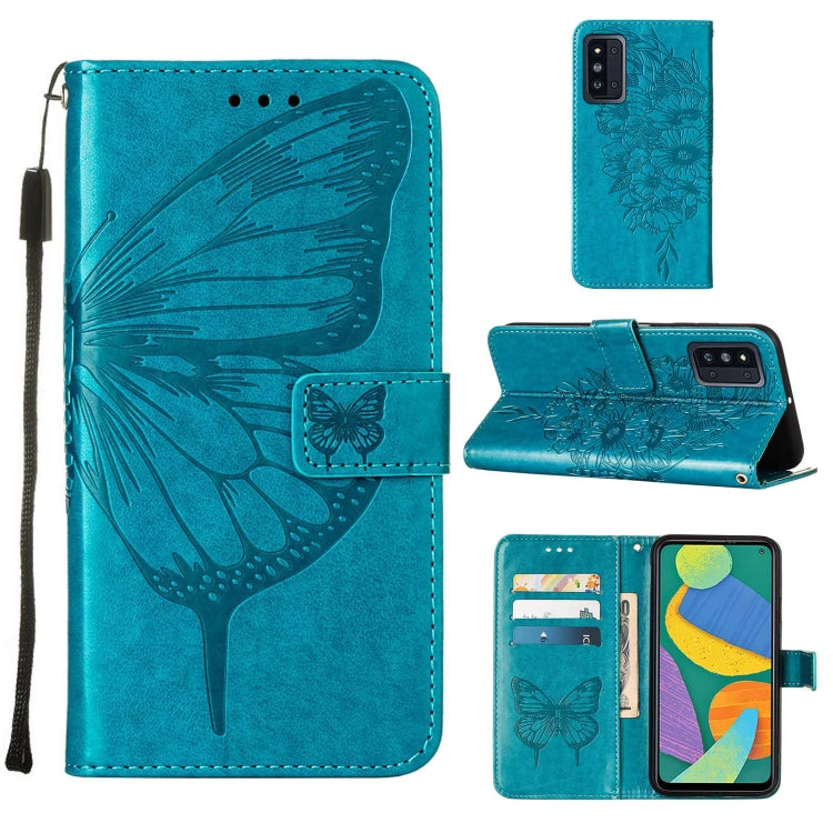 For Samsung Galaxy F52 5G Embossed Butterfly Leather Phone Case with Holder & Card Slot & Wallet & Lanyard