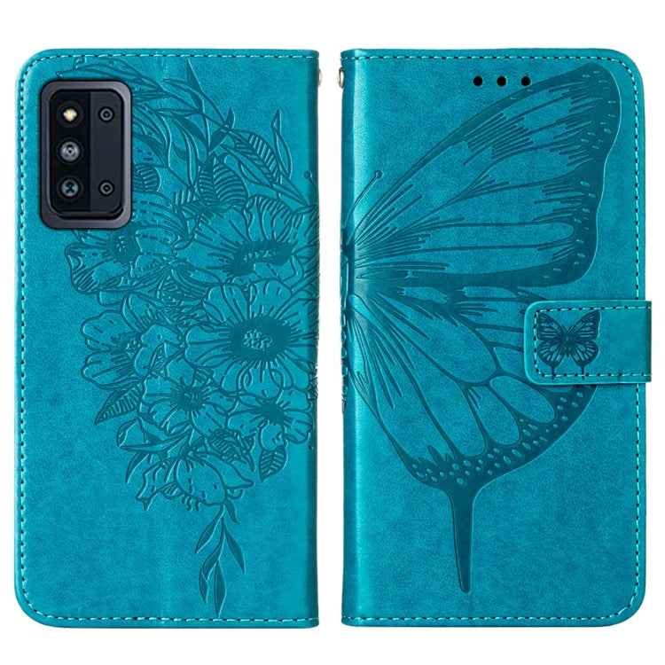 For Samsung Galaxy F52 5G Embossed Butterfly Leather Phone Case with Holder & Card Slot & Wallet & Lanyard