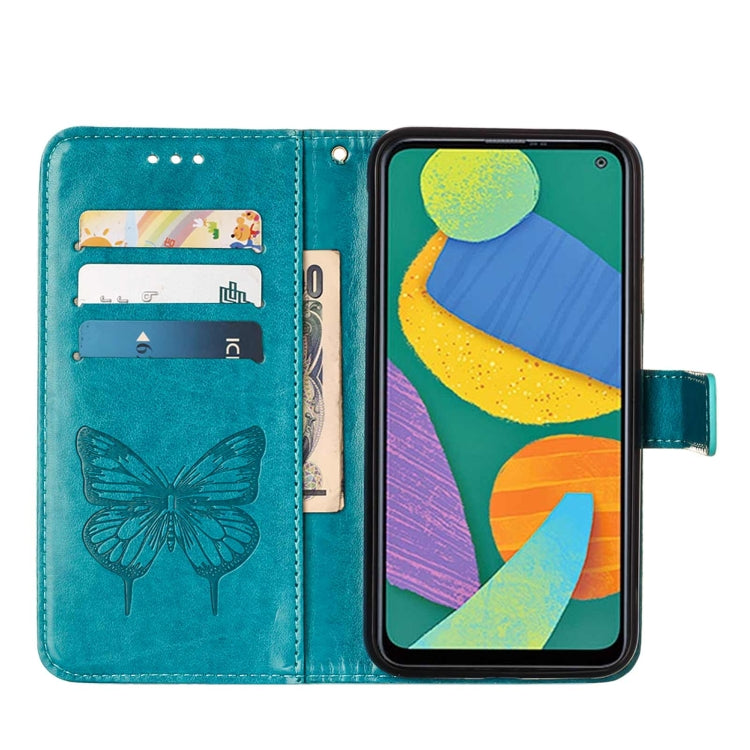For Samsung Galaxy F52 5G Embossed Butterfly Leather Phone Case with Holder & Card Slot & Wallet & Lanyard