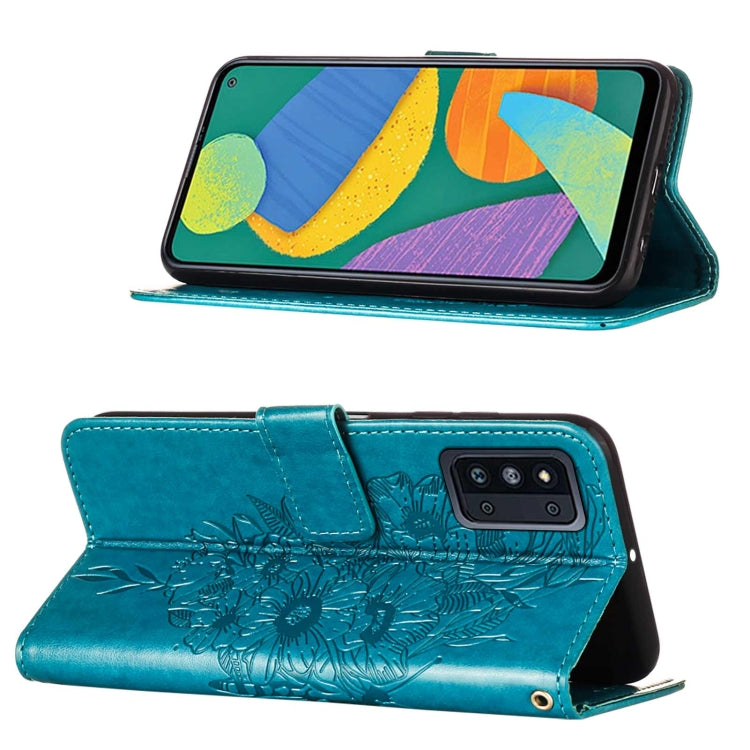 For Samsung Galaxy F52 5G Embossed Butterfly Leather Phone Case with Holder & Card Slot & Wallet & Lanyard