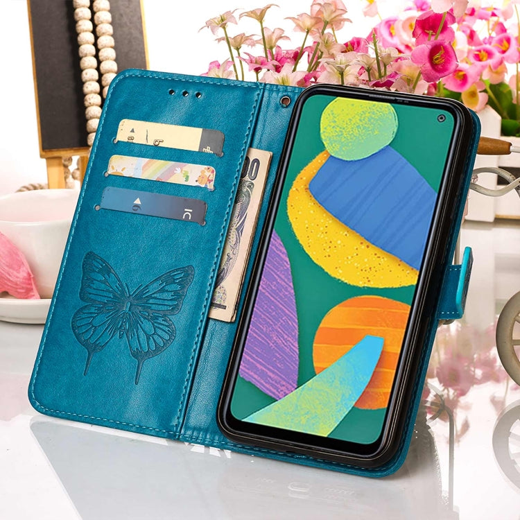 For Samsung Galaxy F52 5G Embossed Butterfly Leather Phone Case with Holder & Card Slot & Wallet & Lanyard