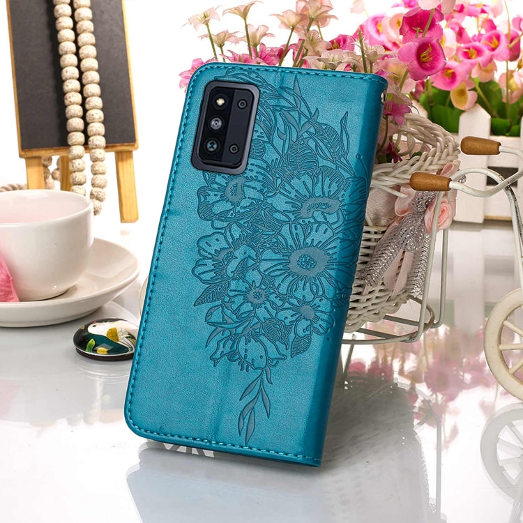 For Samsung Galaxy F52 5G Embossed Butterfly Leather Phone Case with Holder & Card Slot & Wallet & Lanyard