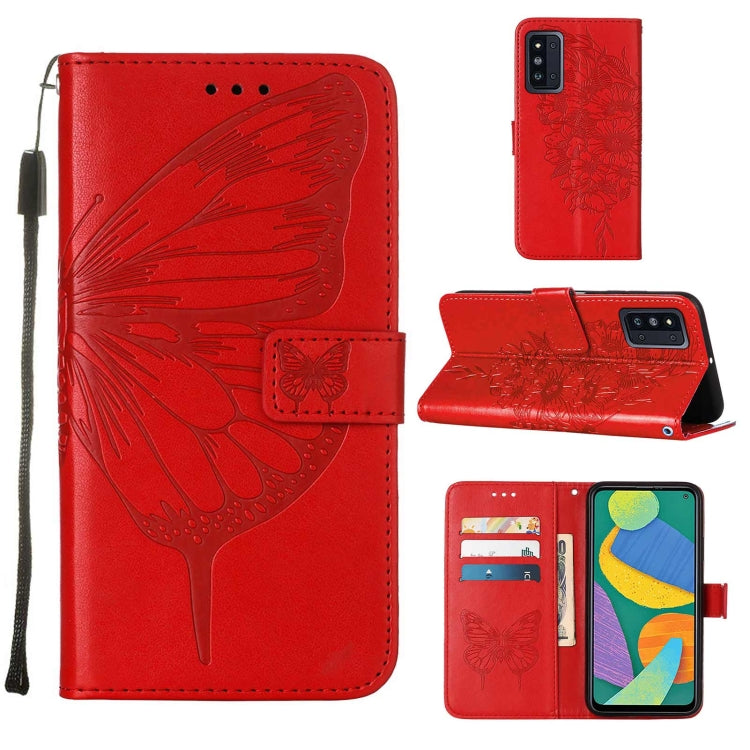 For Samsung Galaxy F52 5G Embossed Butterfly Leather Phone Case with Holder & Card Slot & Wallet & Lanyard