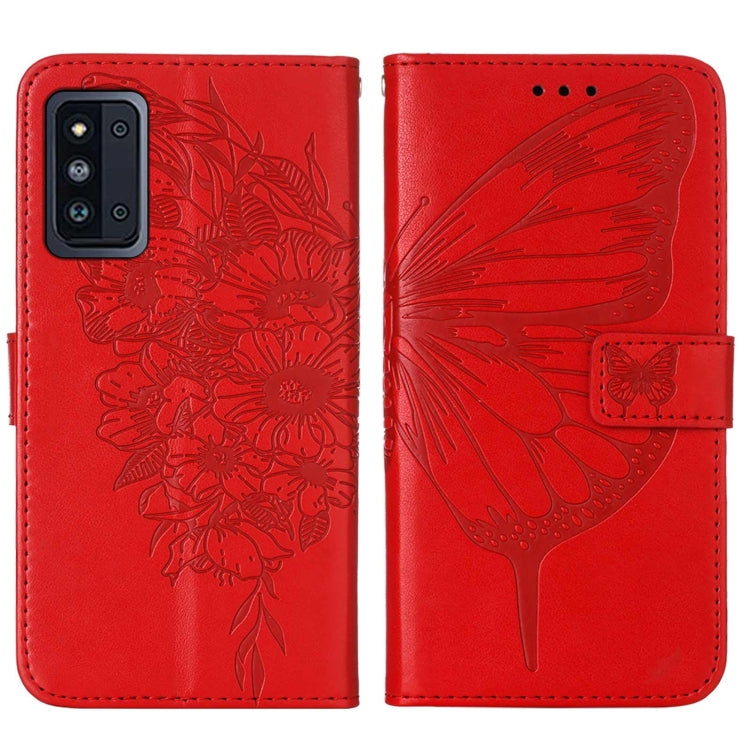 For Samsung Galaxy F52 5G Embossed Butterfly Leather Phone Case with Holder & Card Slot & Wallet & Lanyard
