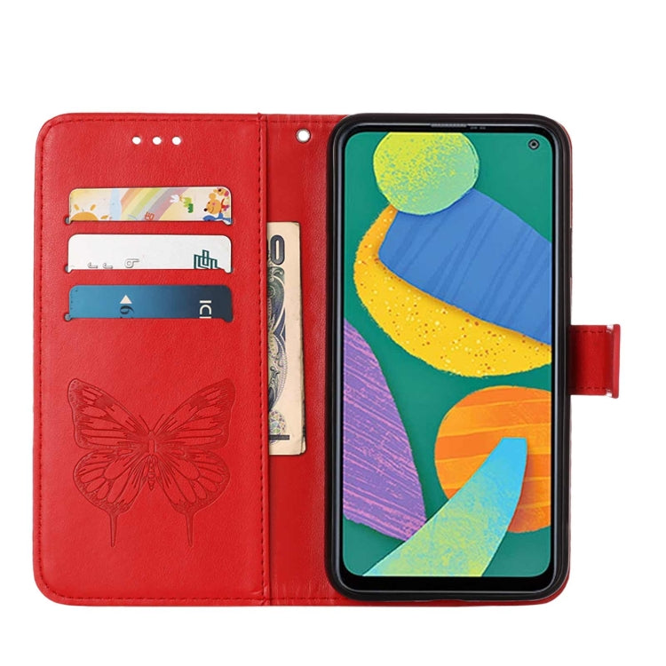 For Samsung Galaxy F52 5G Embossed Butterfly Leather Phone Case with Holder & Card Slot & Wallet & Lanyard